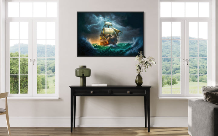 Pirate Ship In Storm Renaissance Style Nautical Framed Canvas Wall Art above side table