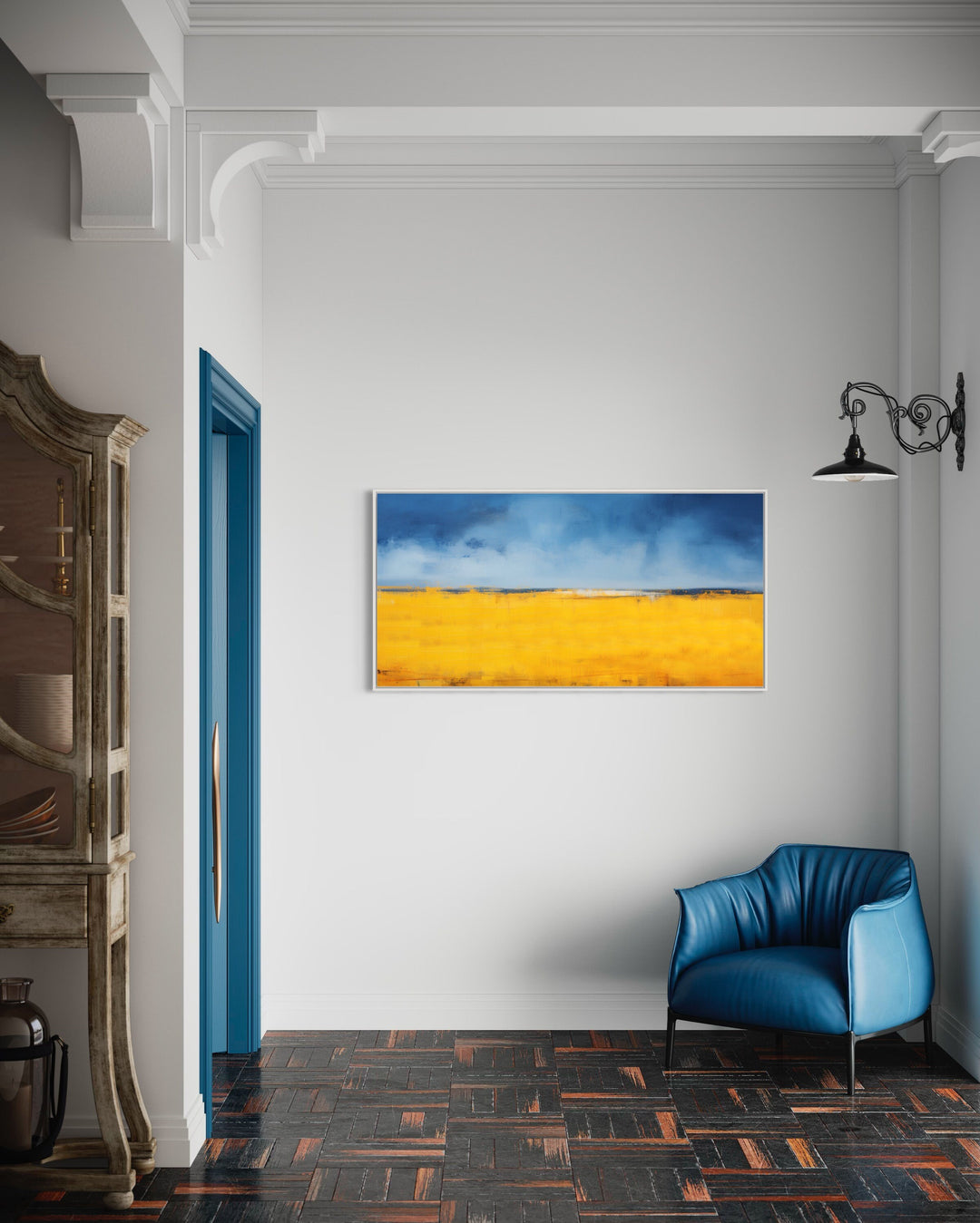 Minimalist Blue Yellow Ukrainian Flag Landscape Framed Canvas Wall Art in living room