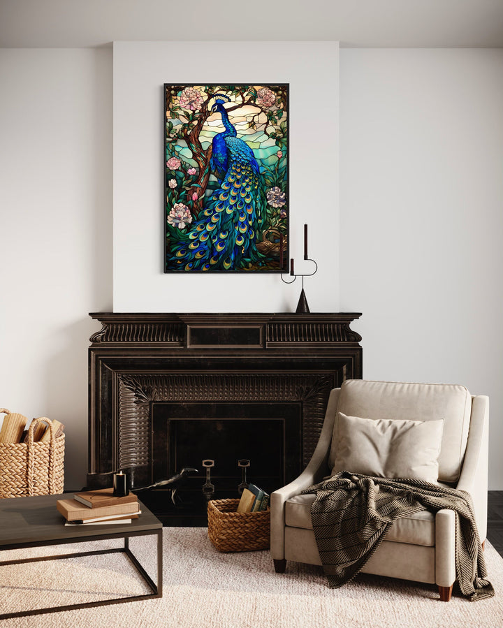 Stained Glass Style Peacock Framed Canvas Wall Art above fireplace