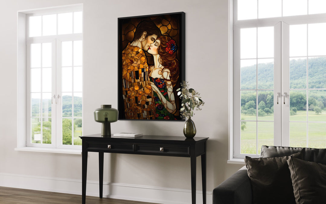 Couple Kissing Gustav Klimt Inspired Romantic Framed Canvas Wall Art above table