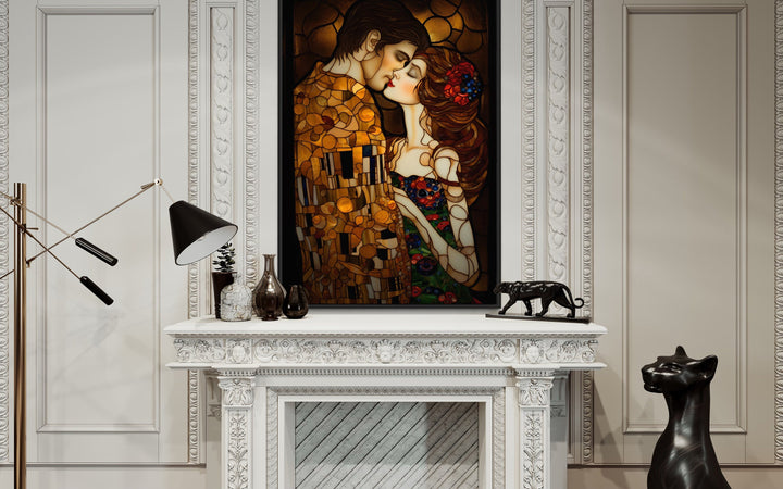 Couple Kissing Gustav Klimt Inspired Romantic Framed Canvas Wall Art above mantel