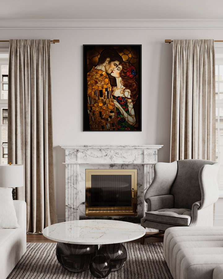 Couple Kissing Gustav Klimt Inspired Romantic Framed Canvas Wall Art