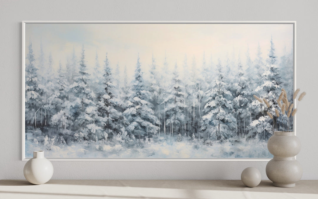 Pine Trees In Winter Snow Covered Forest Framed Canvas Wall Art close up