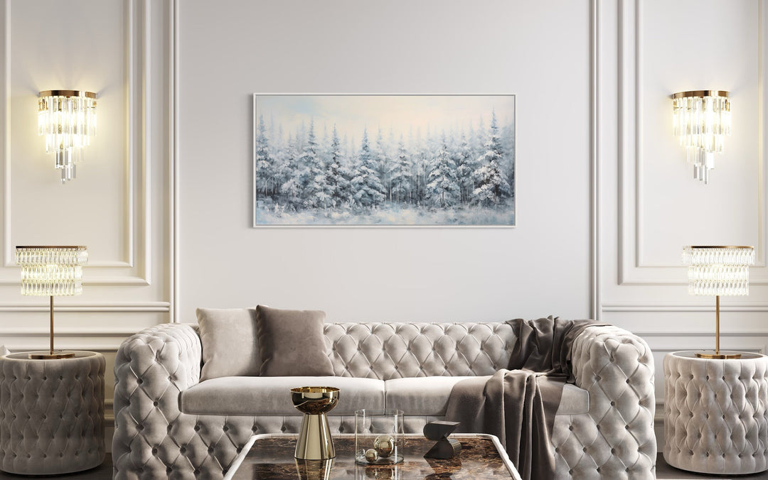 Pine Trees In Winter Snow Covered Forest Framed Canvas Wall Art in living room