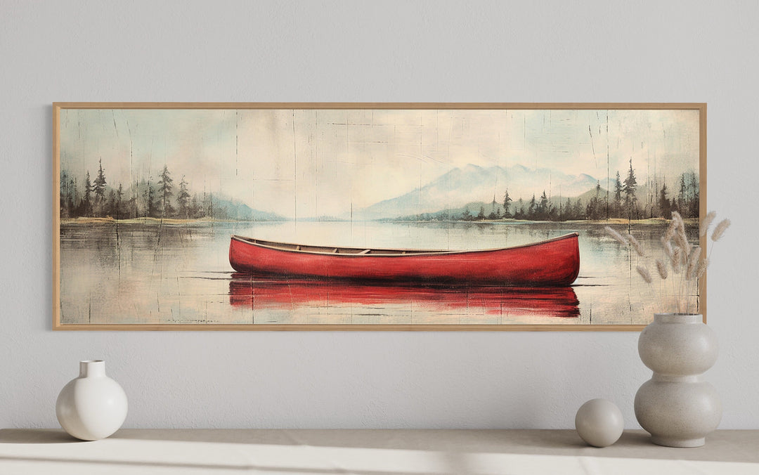 Rustic Red Canoe In The Lake Painted On Wood Canvas Art "Scarlet Drift" close up view