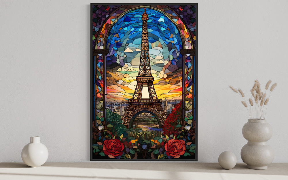Eiffel Tower Stained Glass Style Framed Canvas Wall Art close up