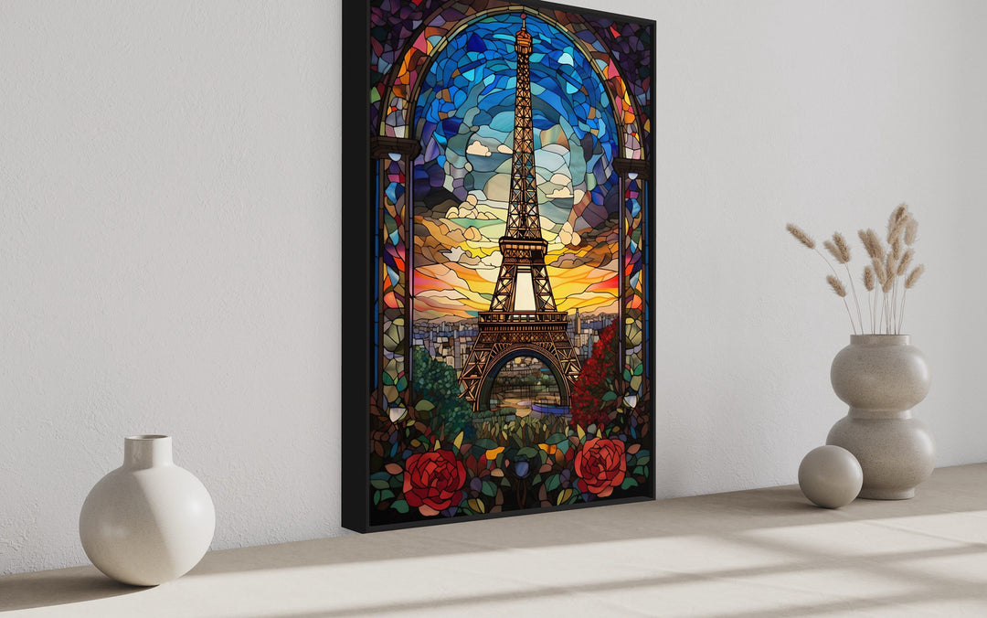 Eiffel Tower Stained Glass Style Framed Canvas Wall Art side view
