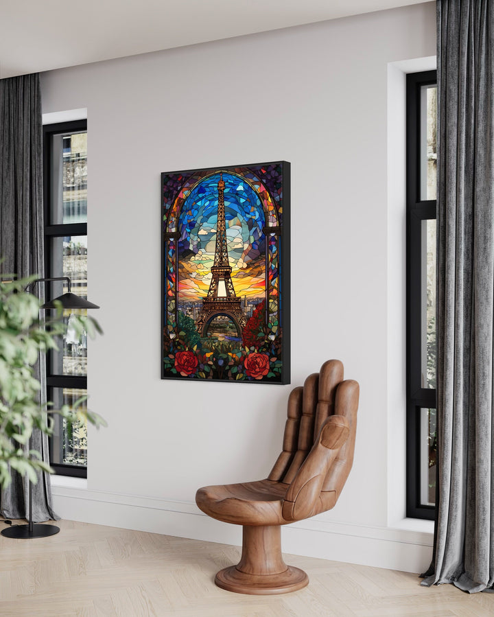 Eiffel Tower Stained Glass Style Framed Canvas Wall Art in living room