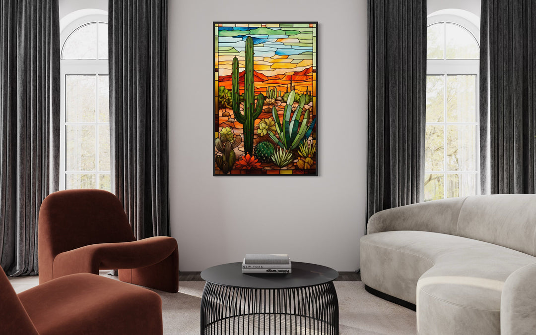 Saguaro Cactus Stained Glass Style Framed Canvas Wall Art in living room