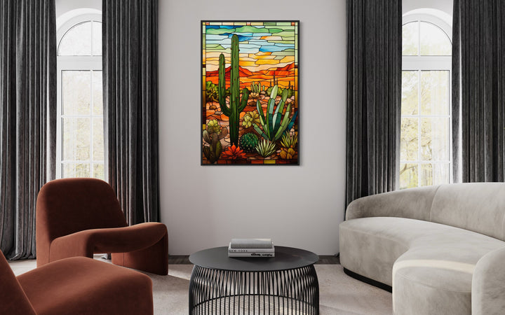 Saguaro Cactus Stained Glass Style Framed Canvas Wall Art in living room