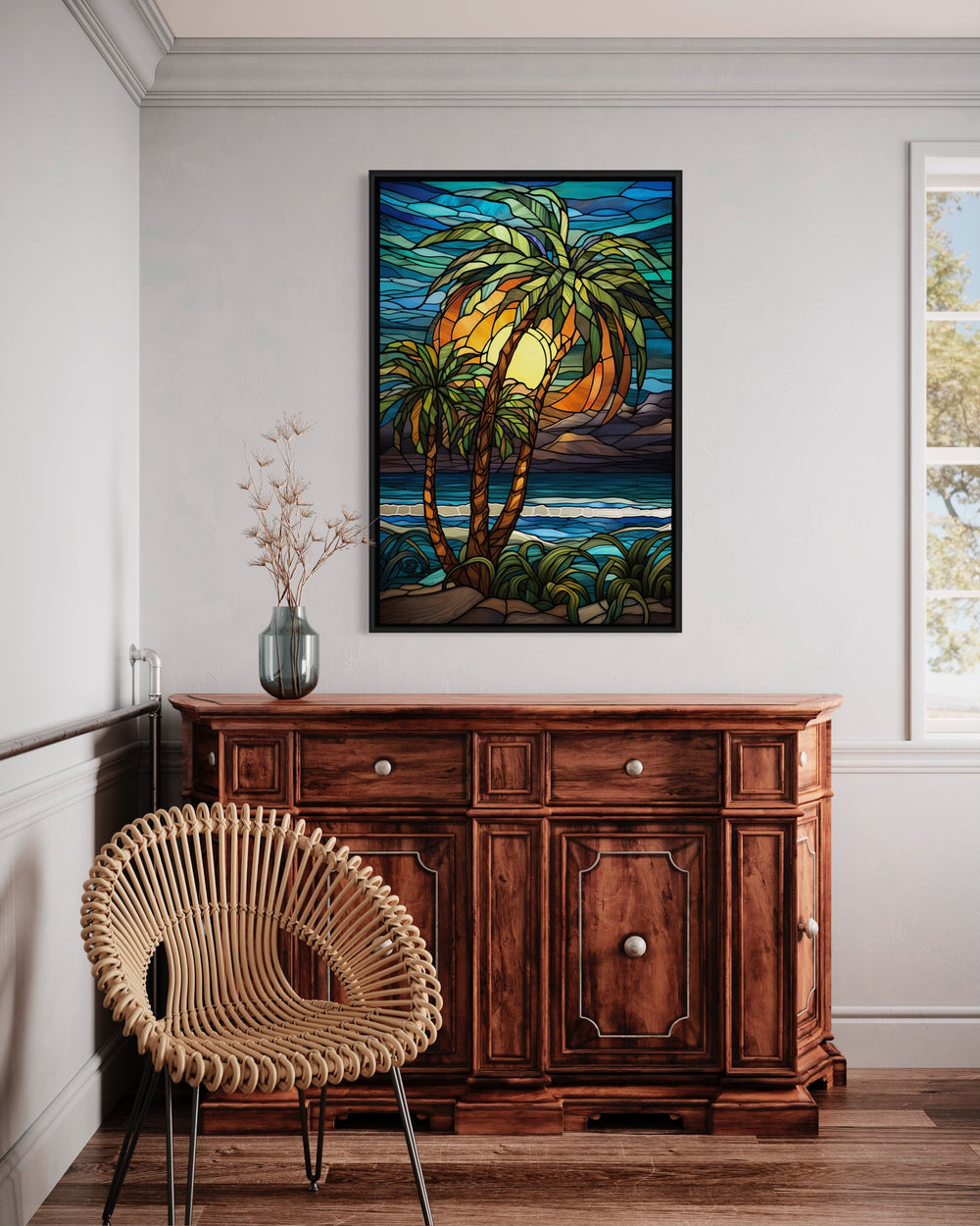 Palm Tree On The Beach Stained Glass Style Framed Canvas Wall Art above dresser