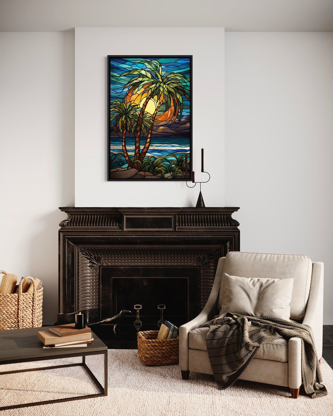 Palm Tree On The Beach Stained Glass Style Framed Canvas Wall Art above fireplace