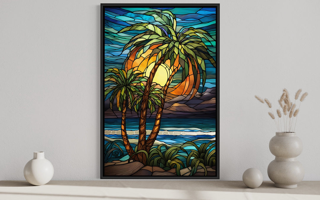 Palm Tree On The Beach Stained Glass Style Framed Canvas Wall Art