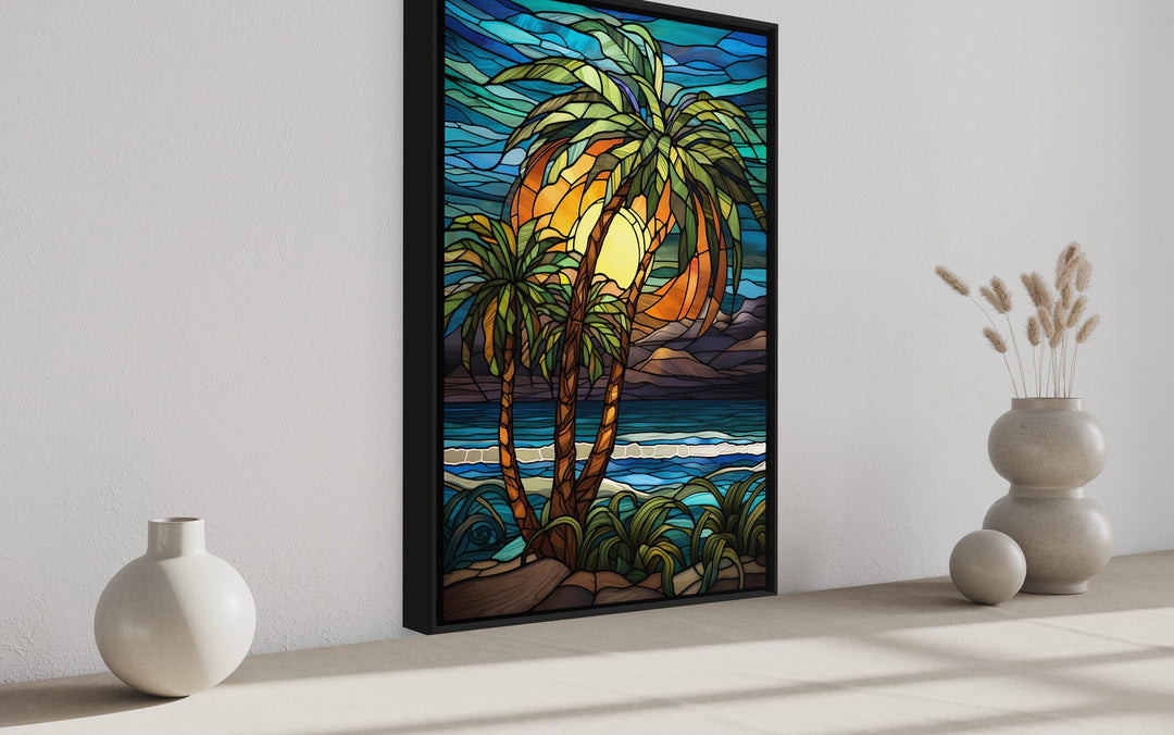 close up Palm Tree On The Beach Stained Glass Style Framed Canvas Wall Art