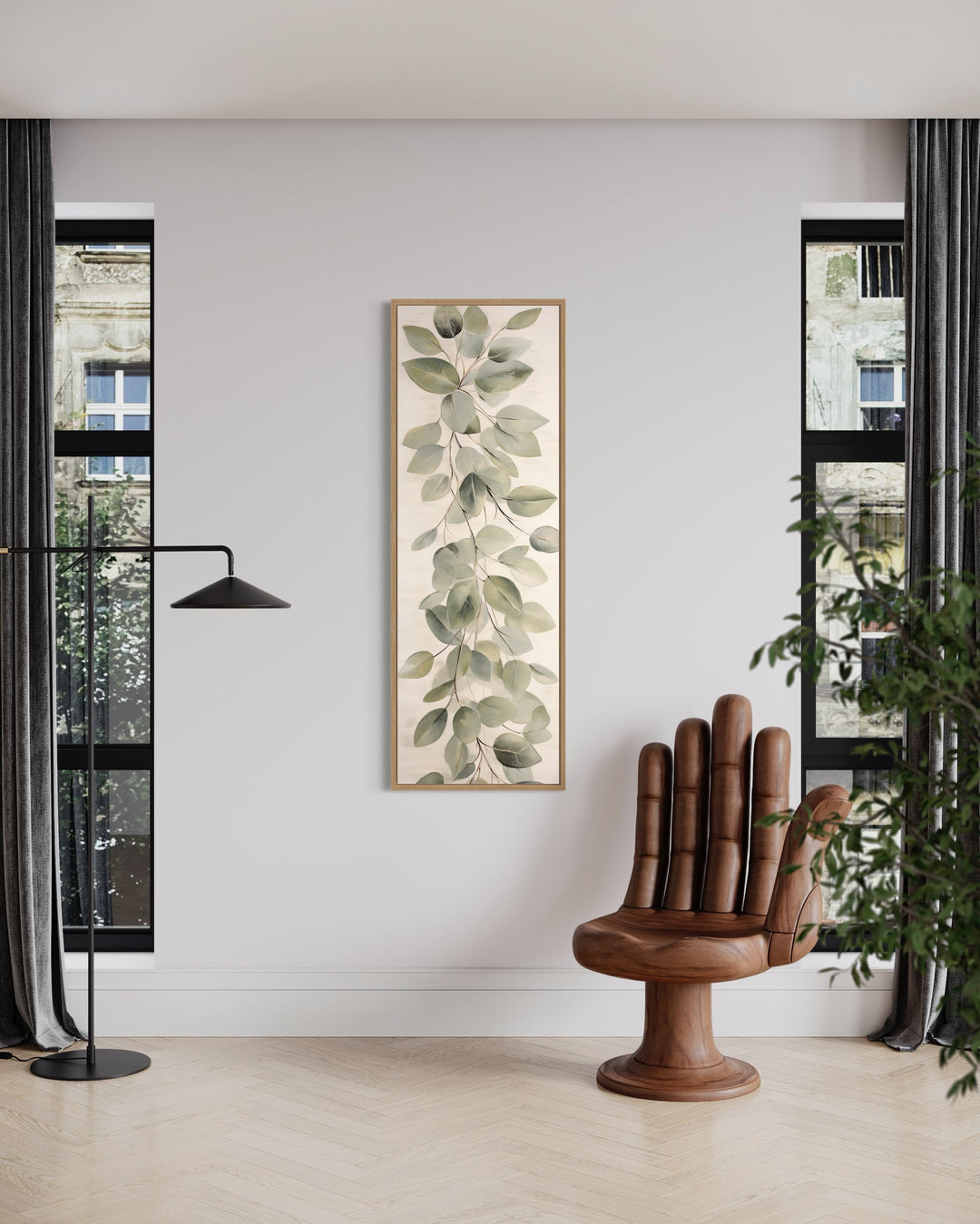 Tall Narrow Vintage Leaves Sage Green Beige Framed Canvas Wall Art