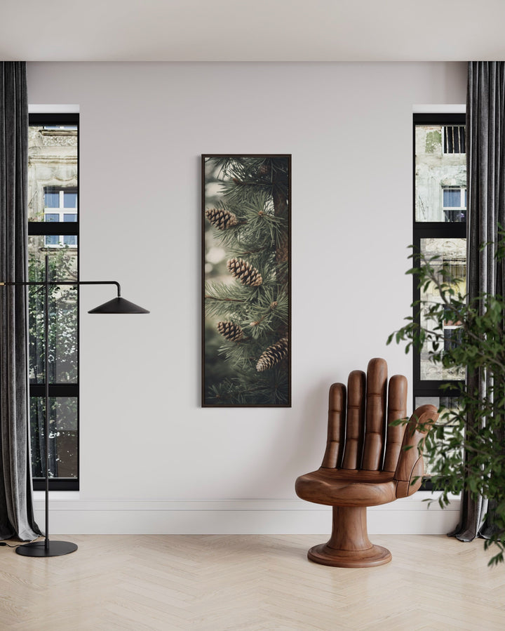 Tall Narrow Pine Tree With Pine Cones Vertical Framed Canvas Wall Art in living room