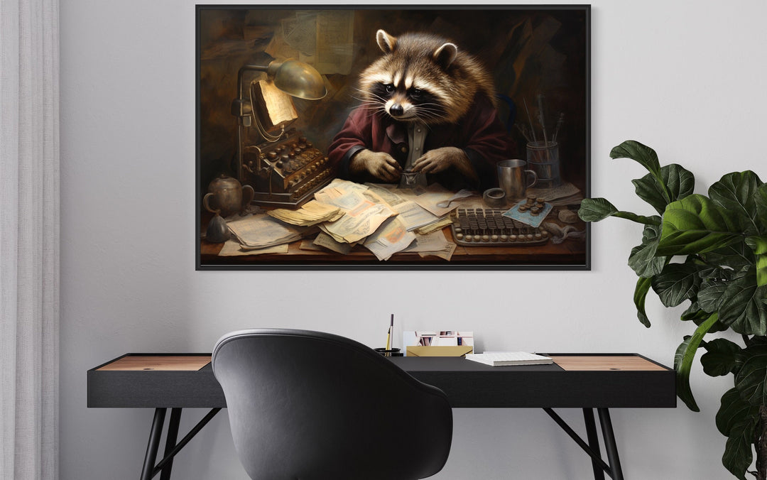 Raccoon Accountant Funny Office Man Cave Decor Framed Canvas Wall Art