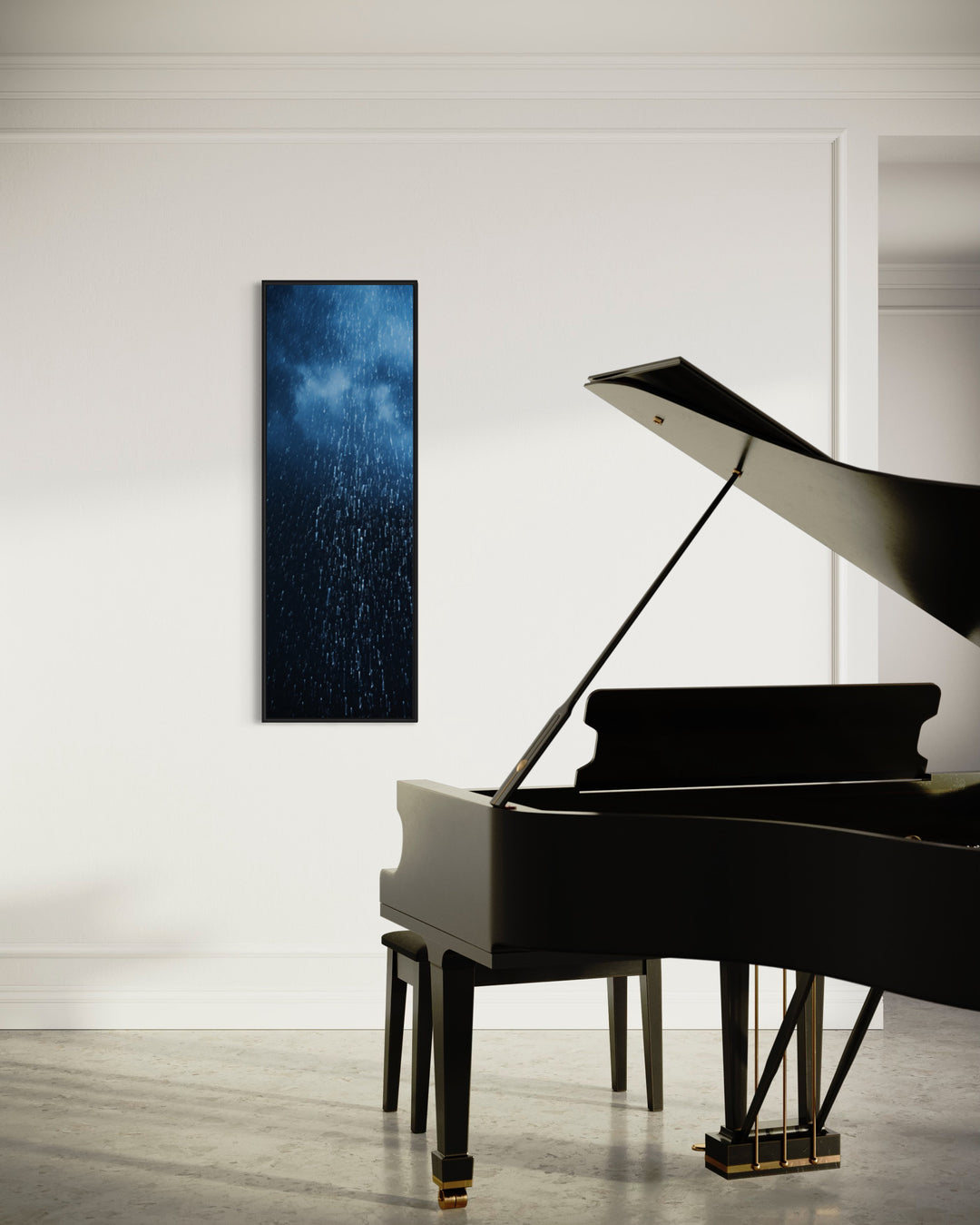 Tall Narrow Navy Blue Rain Vertical Wall Art in piano room