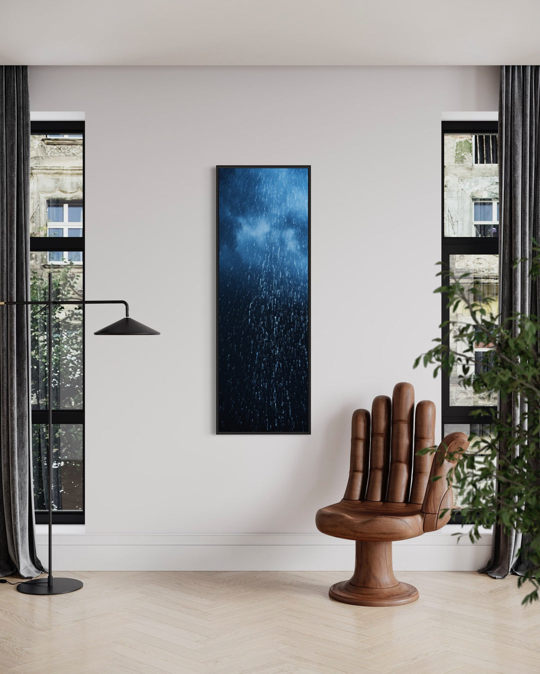 Tall Narrow Navy Blue Rain Vertical Wall Art in modern room