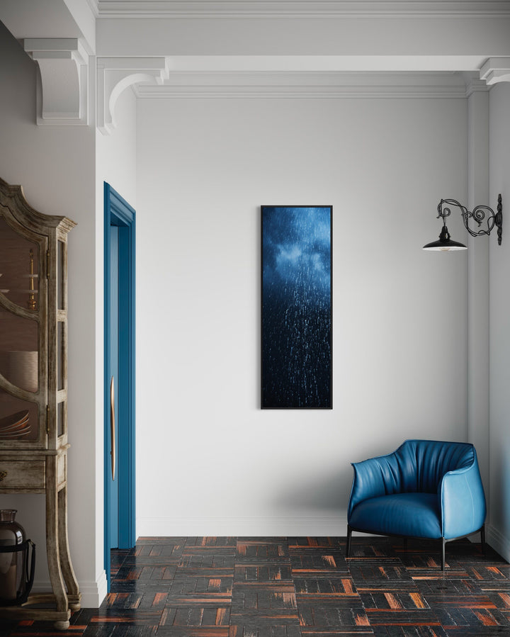 Tall Narrow Navy Blue Rain Vertical Wall Art in blue room