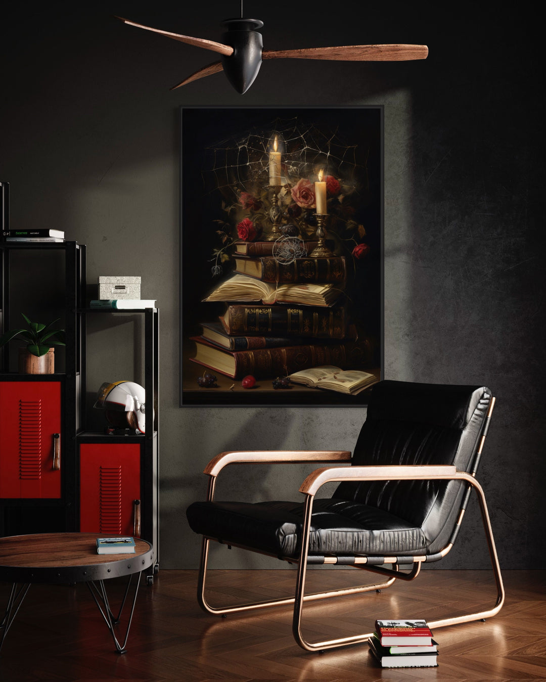 Stack Of Vintage Books With Candles And Spider Web Gothic Framed Canvas Wall Art in the office