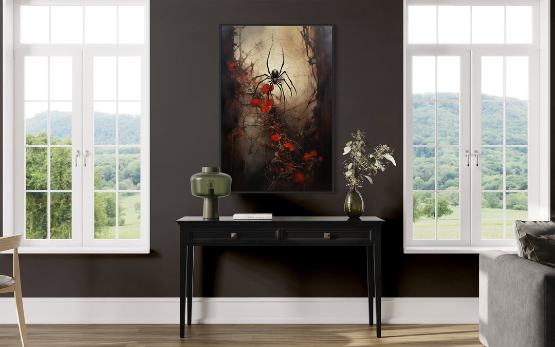 Spider on a Spider Web Gothic Framed Canvas Wall Art