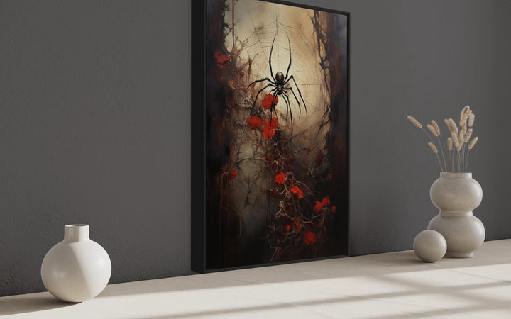 Spider on a Spider Web Gothic Framed Canvas Wall Art side view