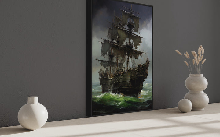 Ghost Pirate Ship In The Ocean Gothic Framed Canvas Wall Art side view