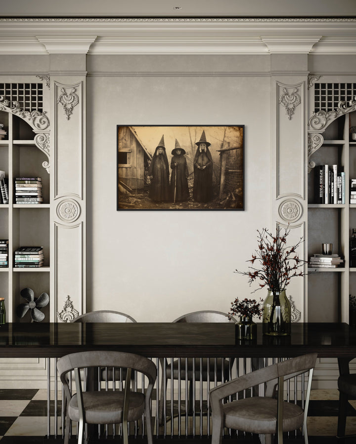 Three Witches In Salem Vintage Photography Style Halloween Wall Art in dining room