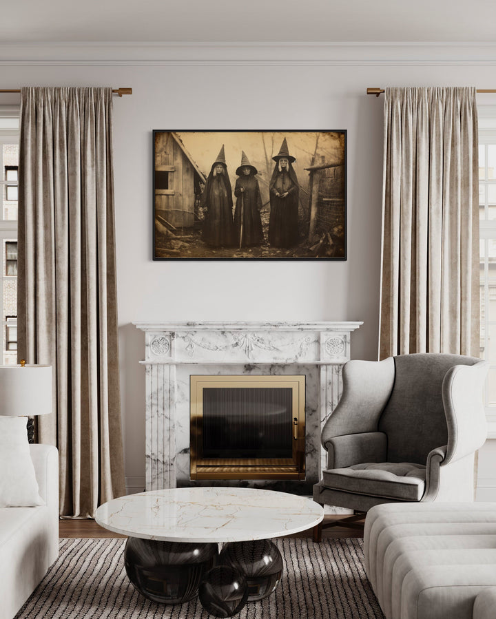 Three Witches In Salem Vintage Photography Style Halloween Wall Art above fireplace