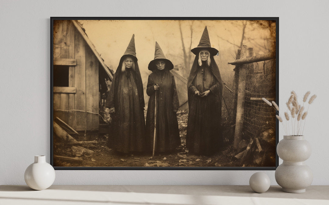 Three Witches In Salem Vintage Photography Style Halloween Wall Art close up