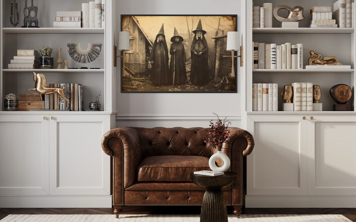 Three Witches In Salem Vintage Photography Style Halloween Wall Art above chair