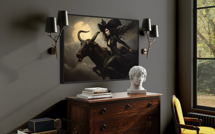 Witch Flying on A Black Goat at Full Moon Halloween Wall Art side view