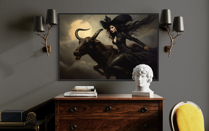 Witch Flying on A Black Goat at Full Moon Halloween Wall Art