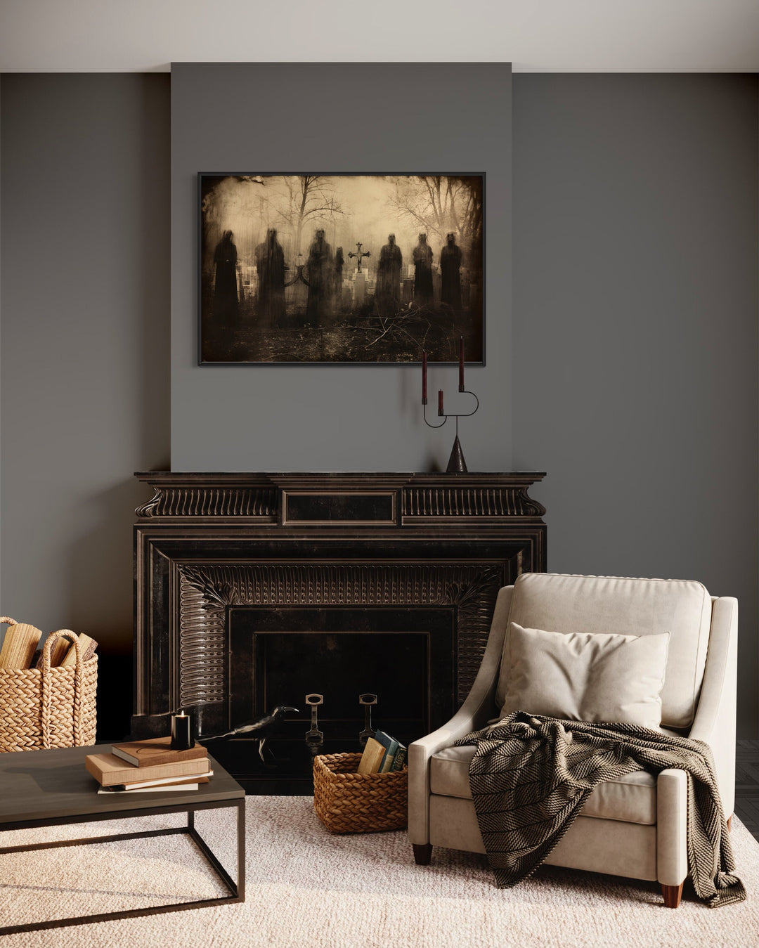 Dead Rising From Graves At Cemetery Vintage Photography Wall Art above mantel