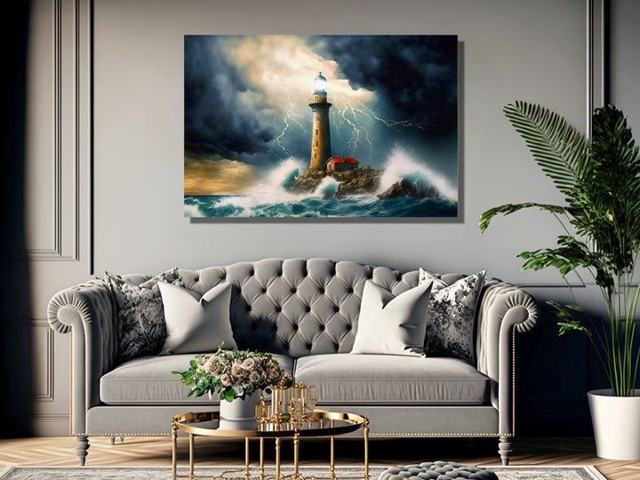 Lighthouse In Stormy Ocean Nautical Wall Art in living room