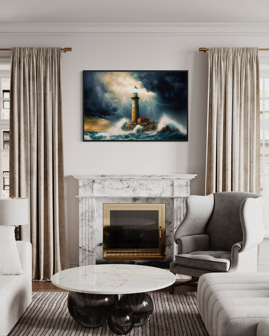 Lighthouse In Stormy Ocean Nautical Wall Art above fireplace