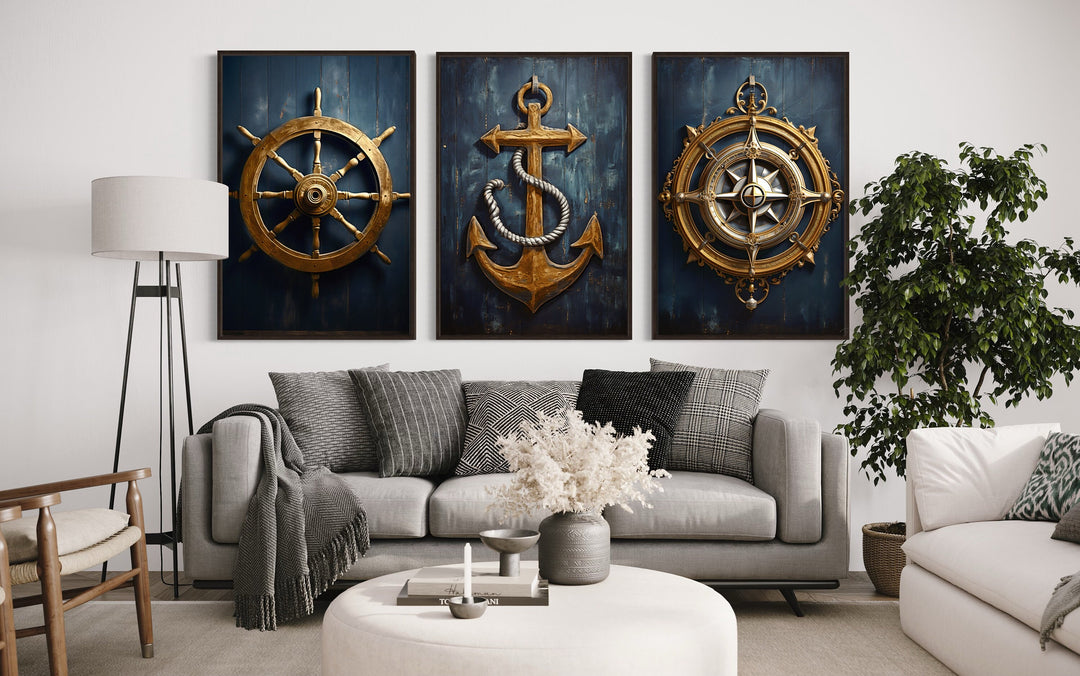 Nautical Wall Art Set of Three Maritime Prints Anchor, Compass, Helm above grey couch