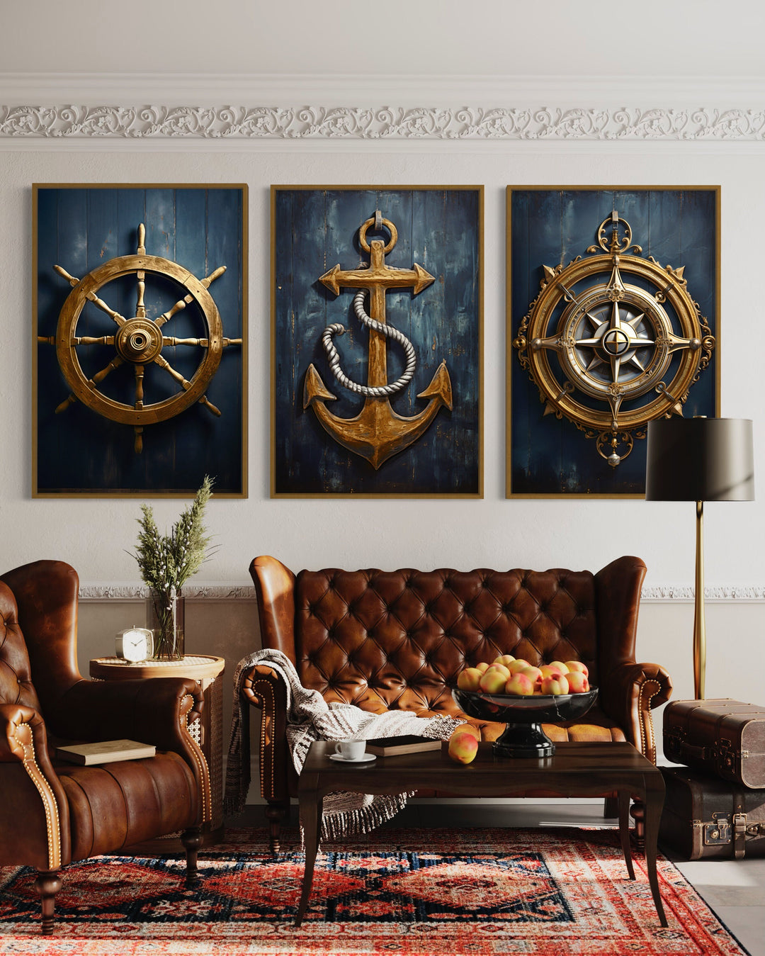 Nautical Wall Art Set of Three Maritime Prints Anchor, Compass, Helm in a modern office