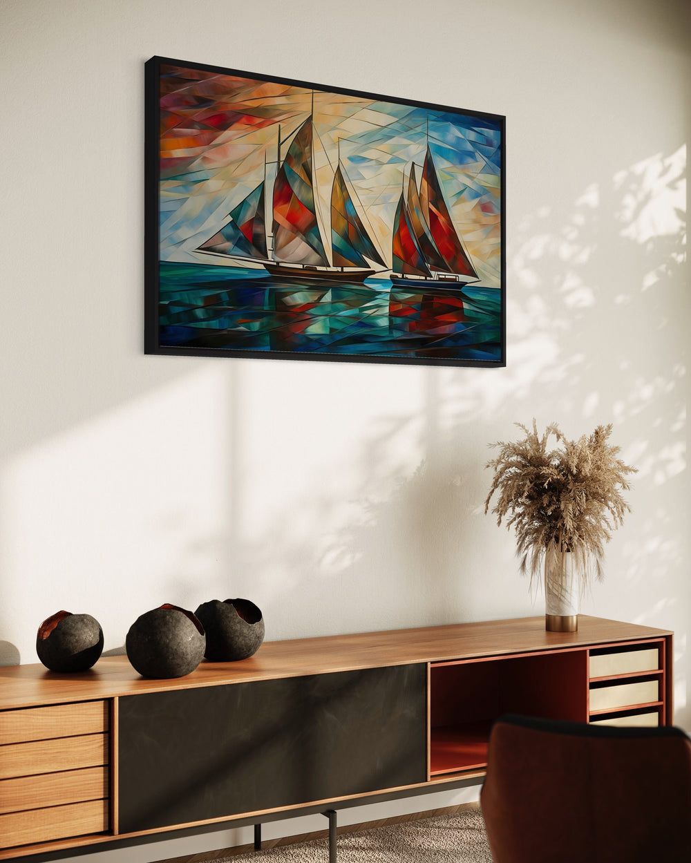 Art Deco Sailboats At Sunset Nautical Wall Art in modern room