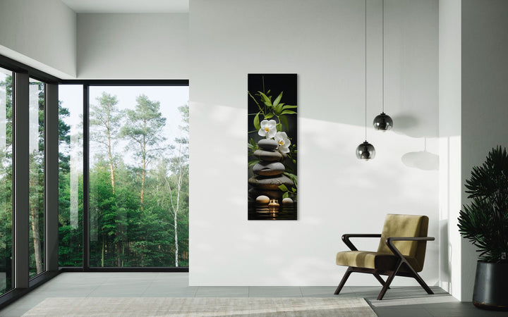 Tall Narrow Vertical Zen Stacked Rocks, Candle and Bamboo Framed Canvas Wall Art