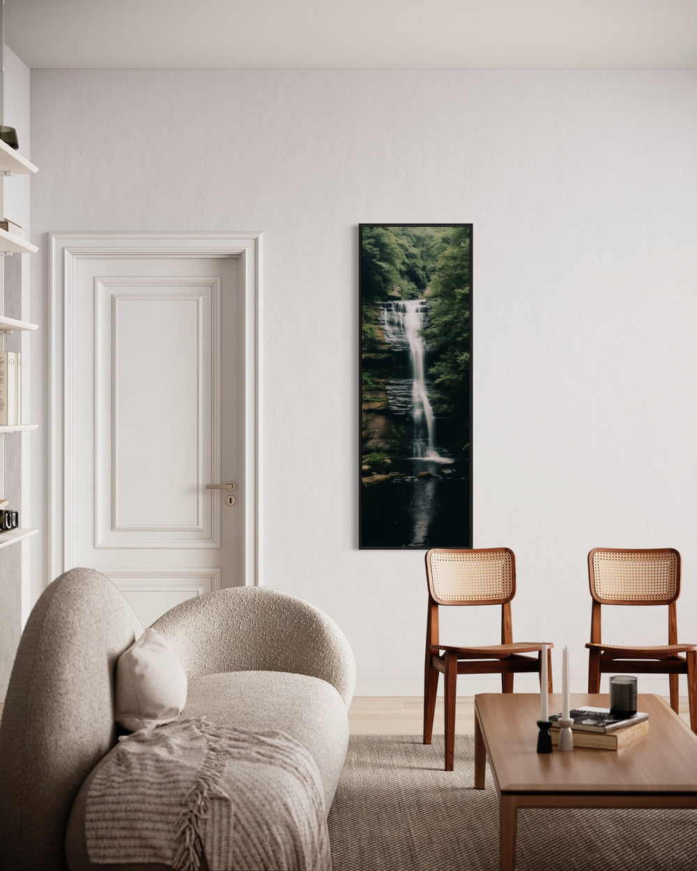 Tall Narrow Vertical Zen Waterfall Framed Canvas Wall Art in living room