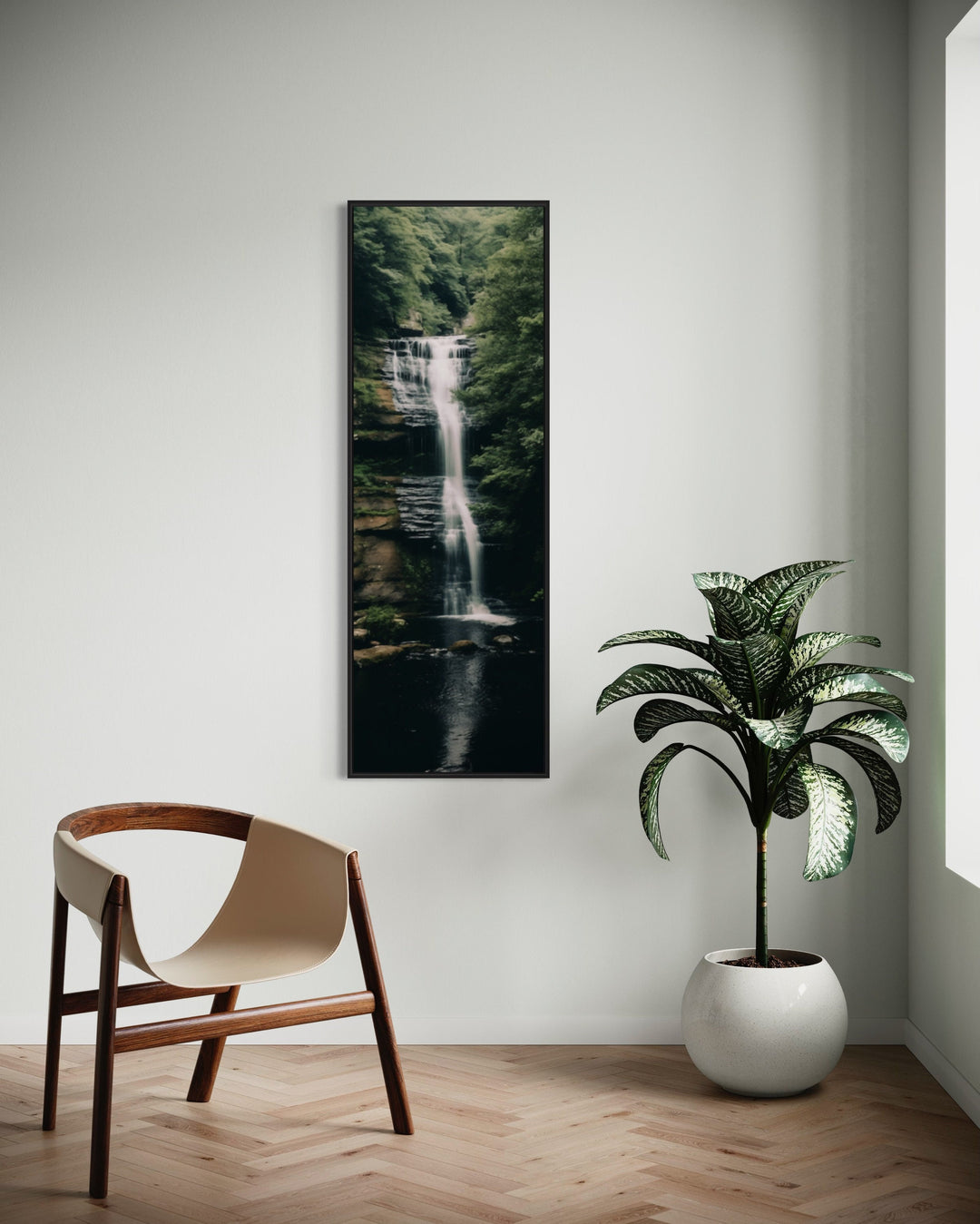 Tall Narrow Vertical Zen Waterfall Framed Canvas Wall Art
