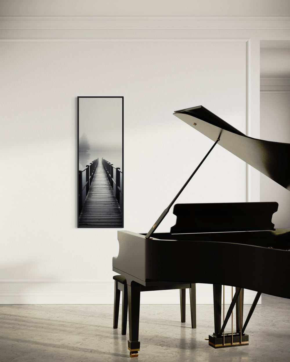 Tall Narrow Foggy Lake With Pier/Dock Black White Vertical Framed Canvas Wall Art in music room