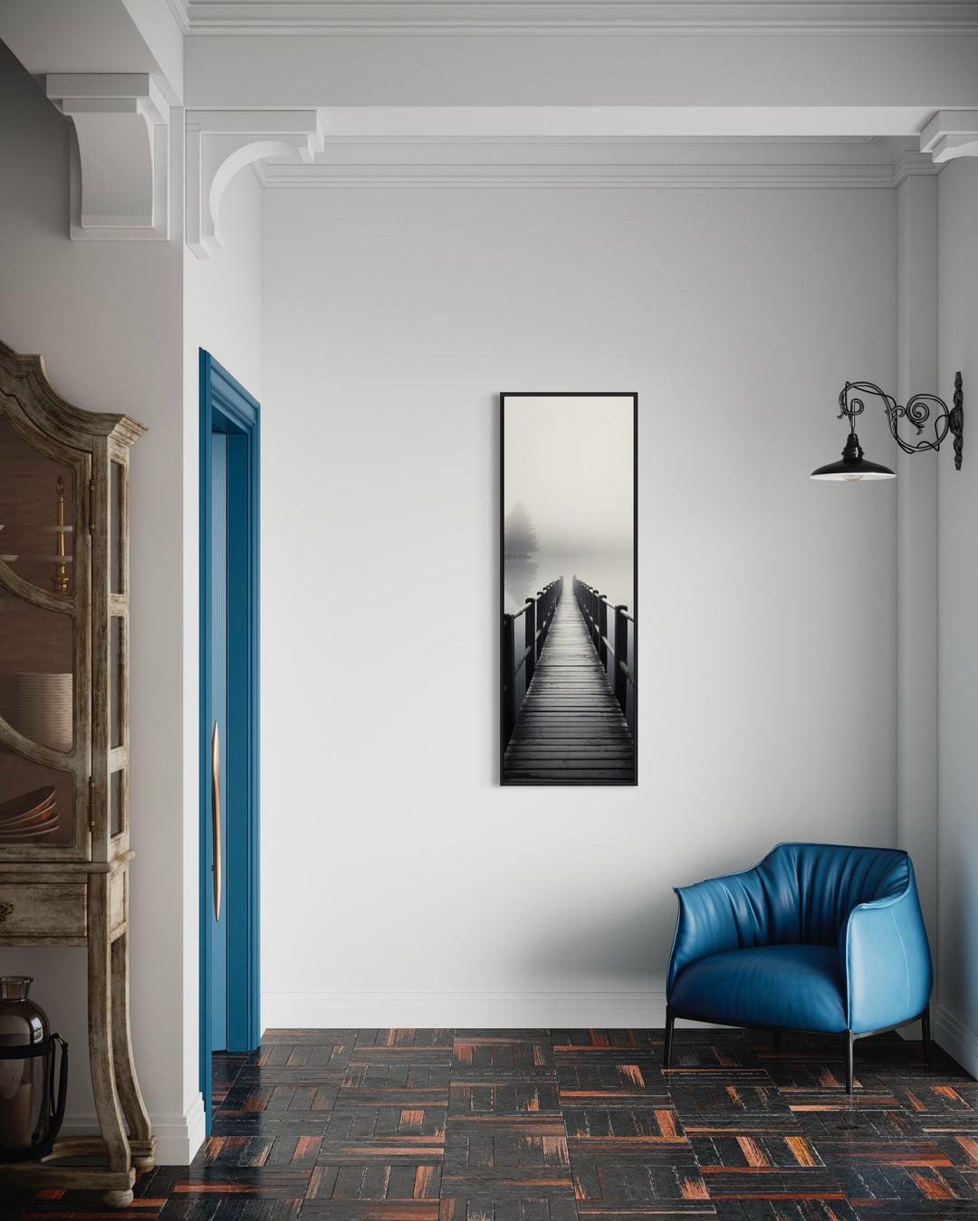 Tall Narrow Foggy Lake With Pier/Dock Black White Vertical Framed Canvas Wall Art in living room