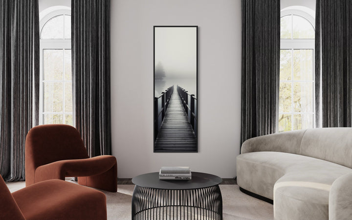 Tall Narrow Foggy Lake With Pier/Dock Black White Vertical Framed Canvas Wall Art