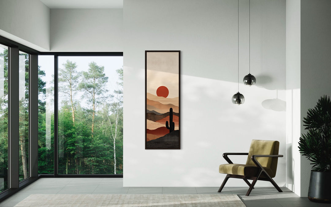 Tall Narrow Boho Minimalist Mid Century Modern Desert Sunset Vertical Wall Art in living room