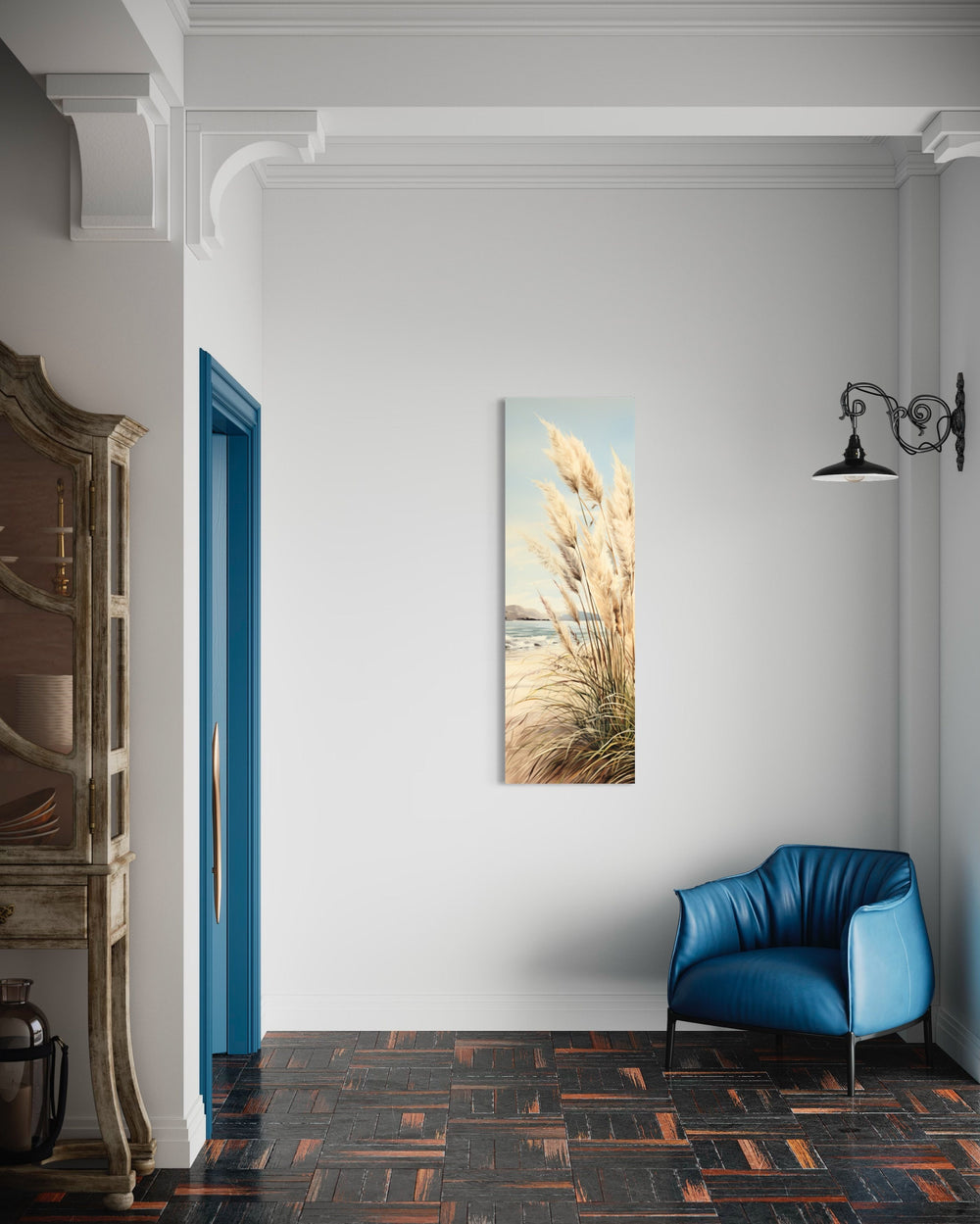 Tall Narrow Pampas Grass On The Beach Vertical Framed Canvas Wall Art in the room
