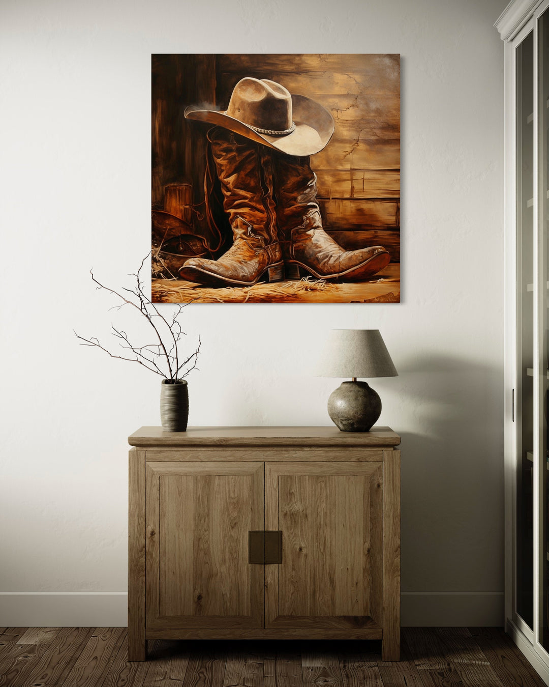 Cowboy Hat and Boots Framed Canvas Wall Art in living room above dresser