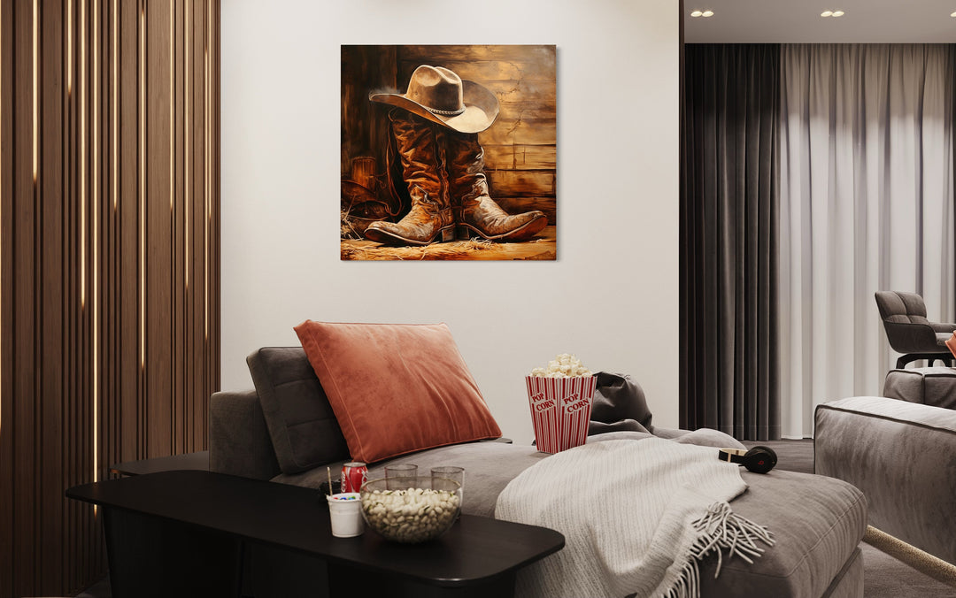 Cowboy Hat and Boots Framed Canvas Wall Art in living room in man cave